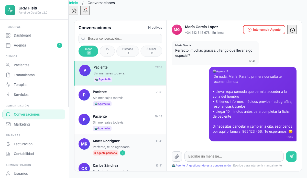 Conversaciones unificadas — CRM Fisio Inteligente