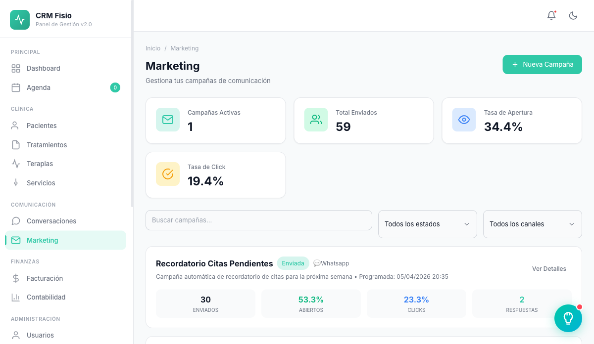 Marketing y métricas — CRM Fisio Inteligente