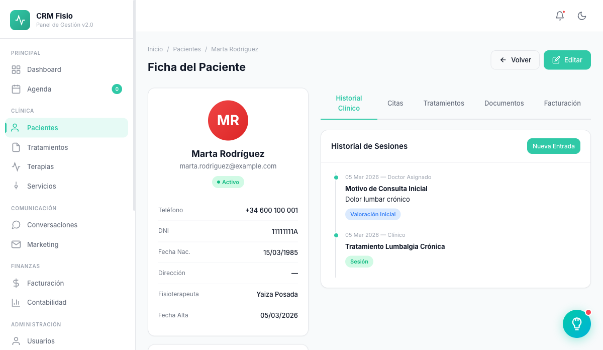 Expediente del paciente — CRM Fisio Inteligente